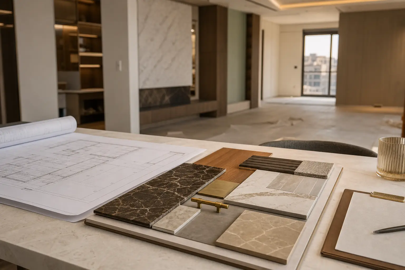 Renovation contractor reviewing fit-out drawings and finish samples for an apartment in Damascus
