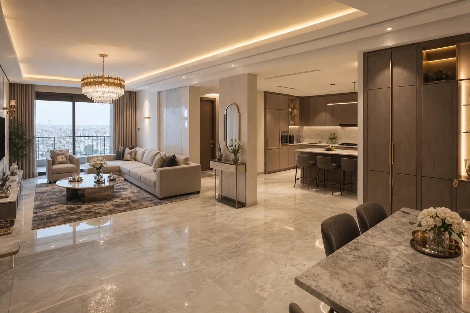 Completed apartment finishing in Damascus with marble floors, bespoke joinery, and coordinated lighting