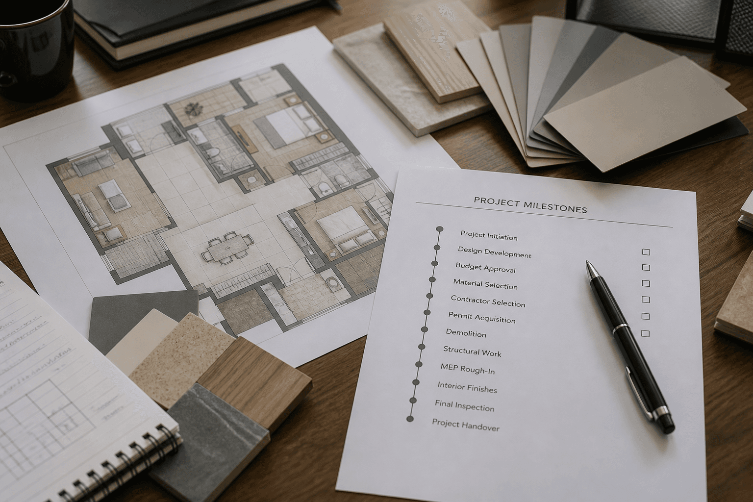 Apartment floor plan and milestone checklist for apartment renovation Homs core works and finishes planning