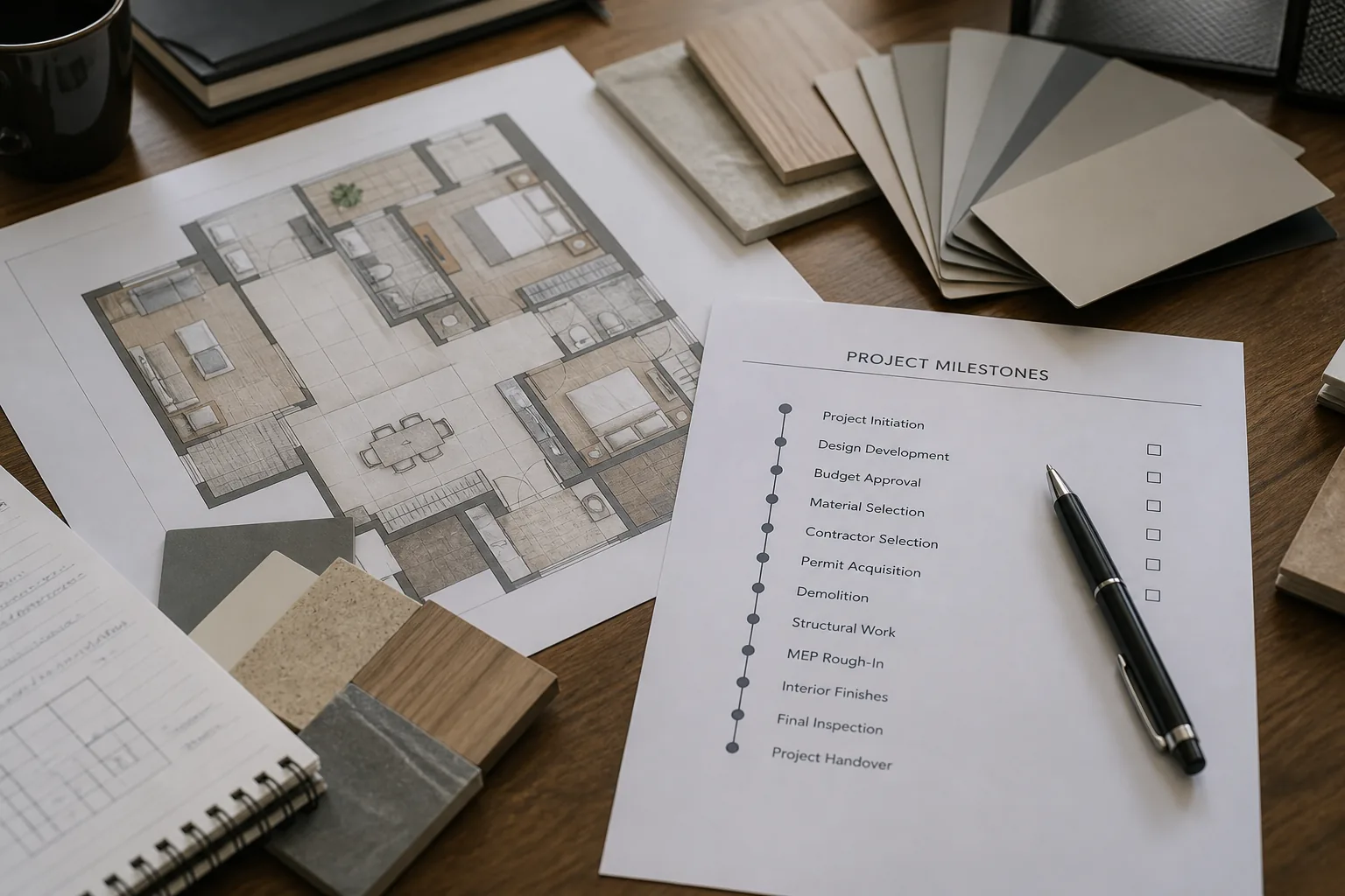 Apartment floor plan and milestone checklist for apartment renovation Homs core works and finishes planning