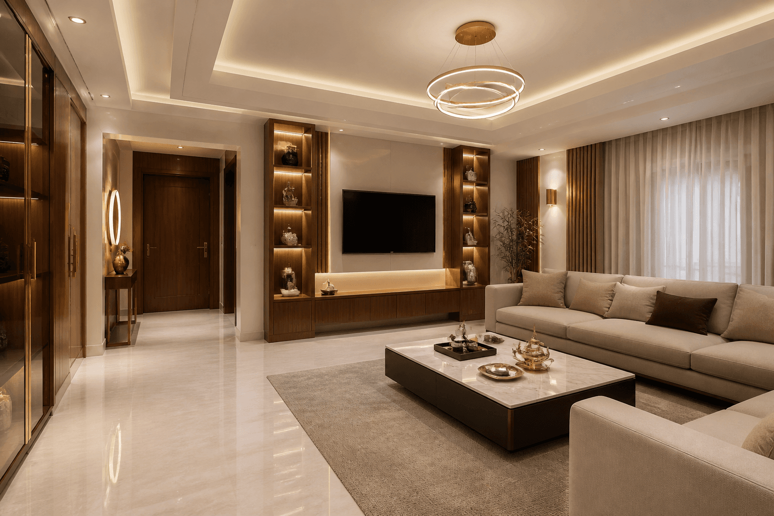 Completed Homs apartment living space after apartment renovation Homs core works and finish packages