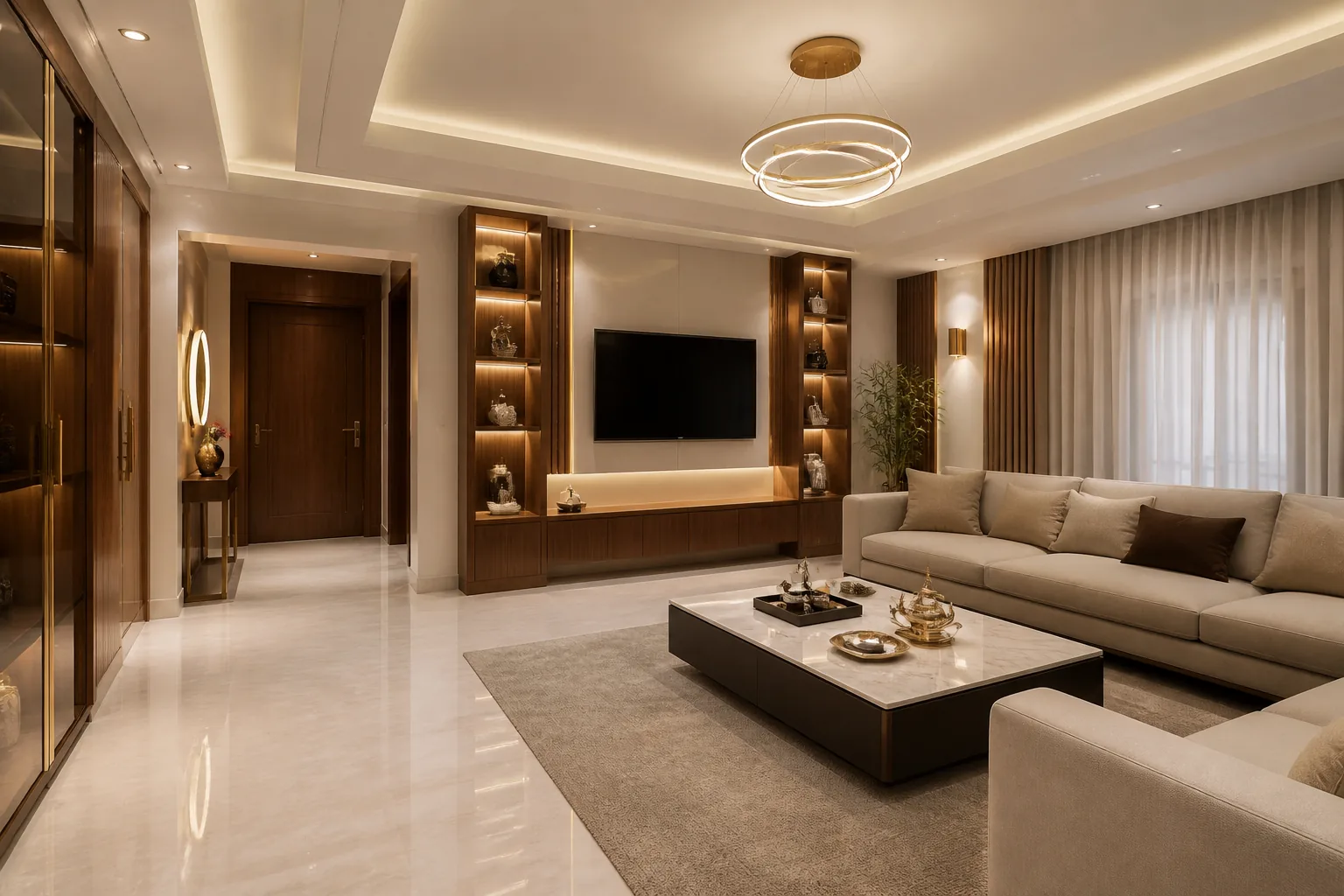 Completed Homs apartment living space after apartment renovation Homs core works and finish packages