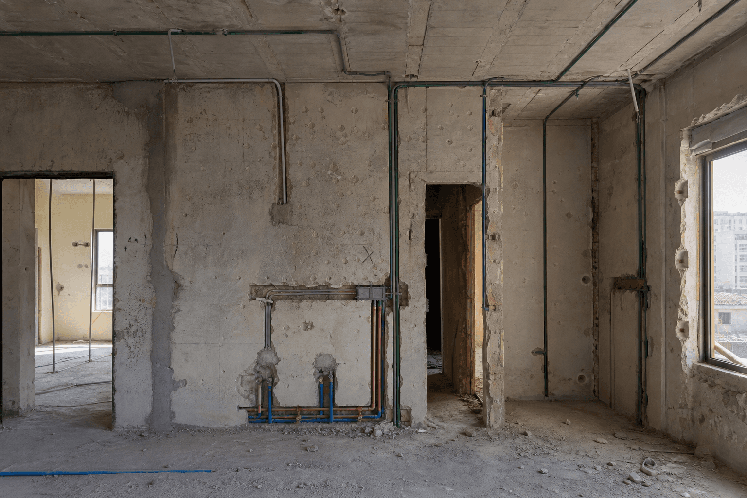 Homs apartment interior during core works with MEP first-fix before apartment renovation Homs finishes begin