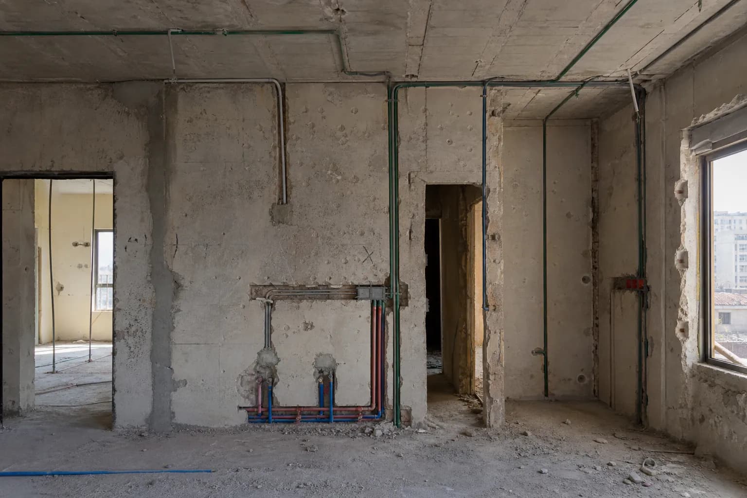 Homs apartment interior during core works with MEP first-fix before apartment renovation Homs finishes begin