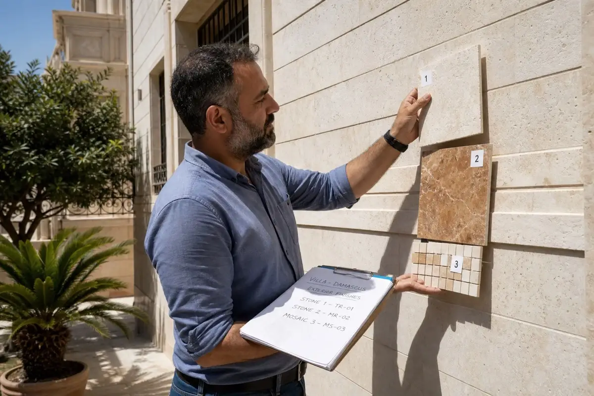 مشرف موقع يقارن عينات حجر مرقّمة على جدار فيلا في دمشق لموافقة تجديد عن بُعد