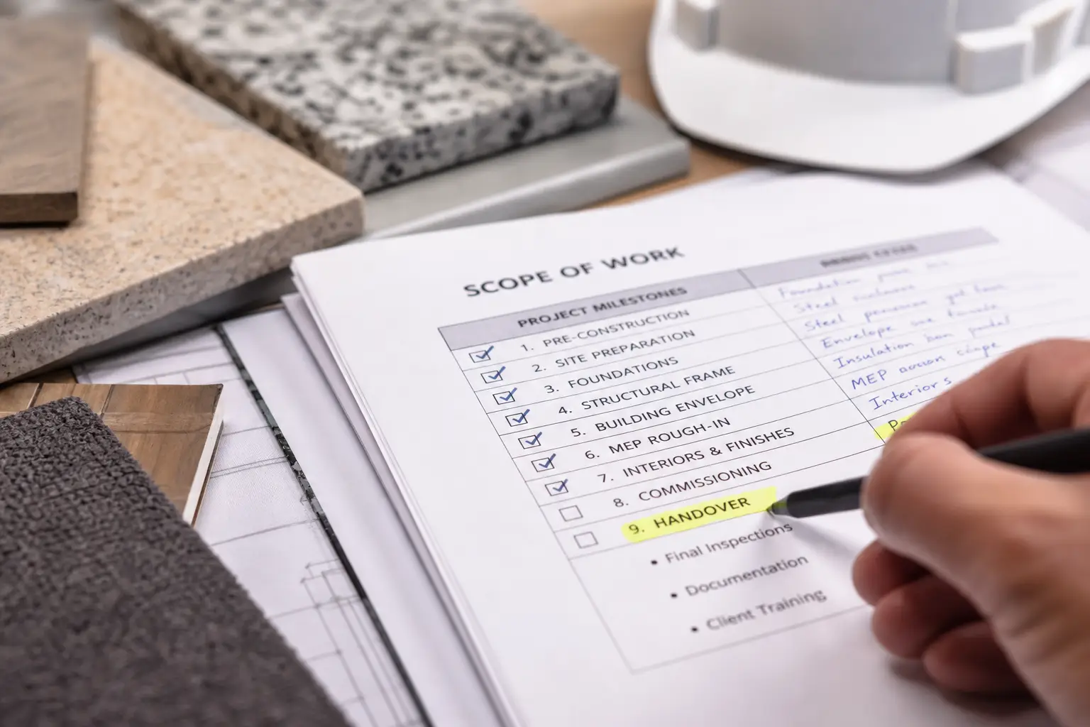 Scope of work milestone checklist and material samples for comparing construction companies in Damascus