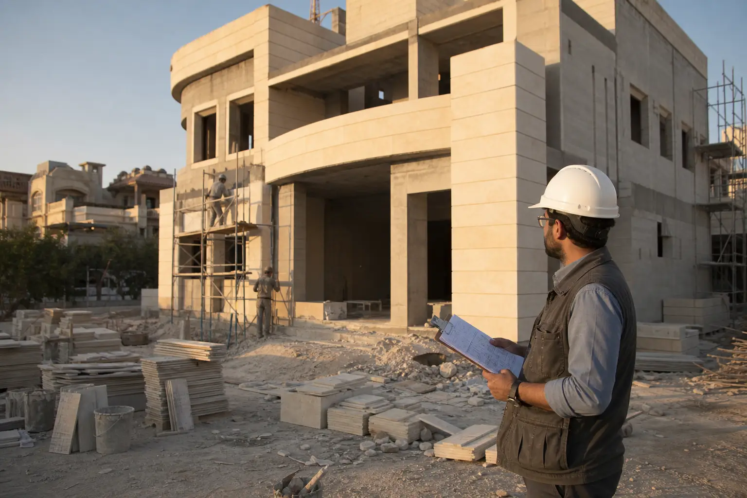 Supervised residential villa construction site in Damascus during structural and envelope works