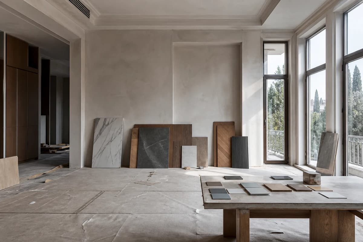 Finish sample boards during property renovation while diaspora owners review contractor selection questions