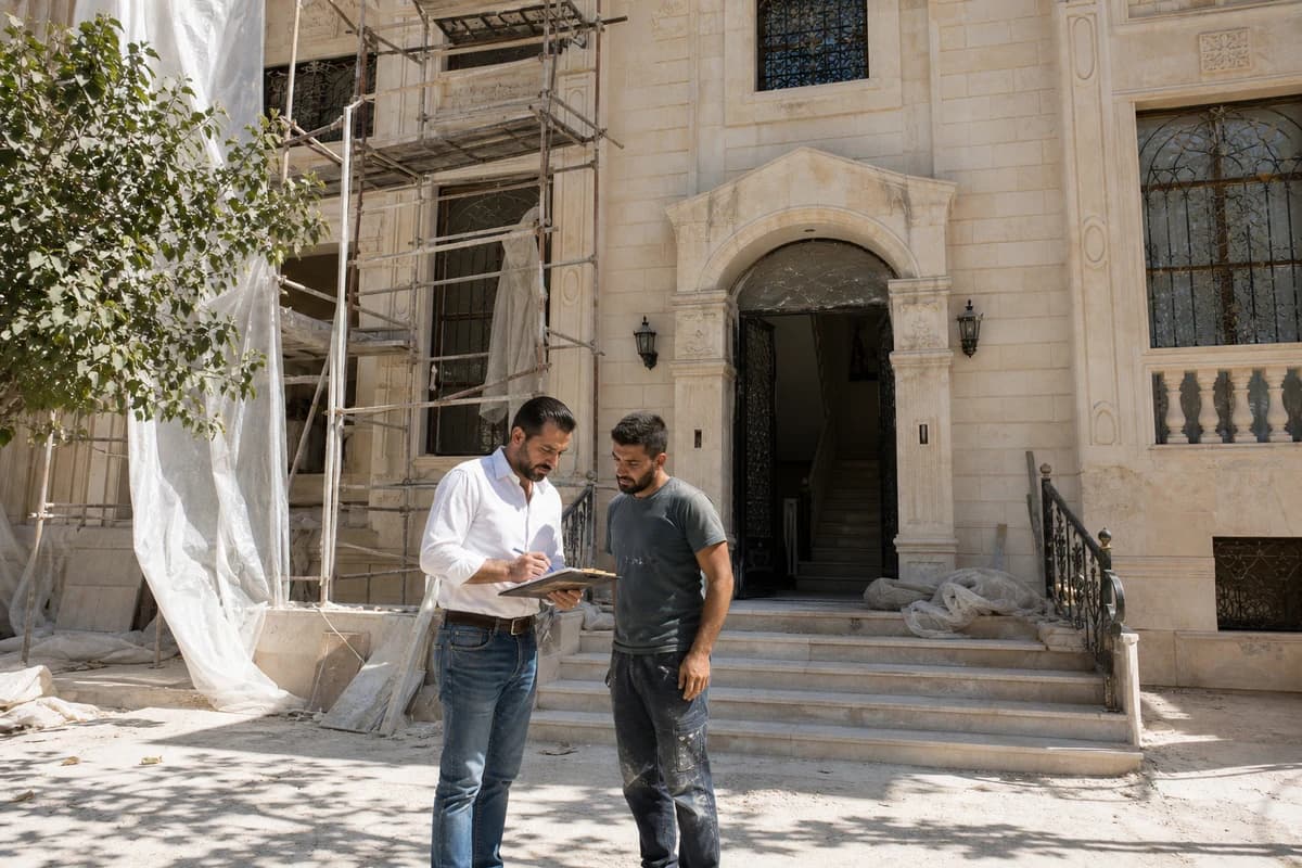 Damascus villa site supervision meeting while overseas owners choose contractor Syria diaspora partners