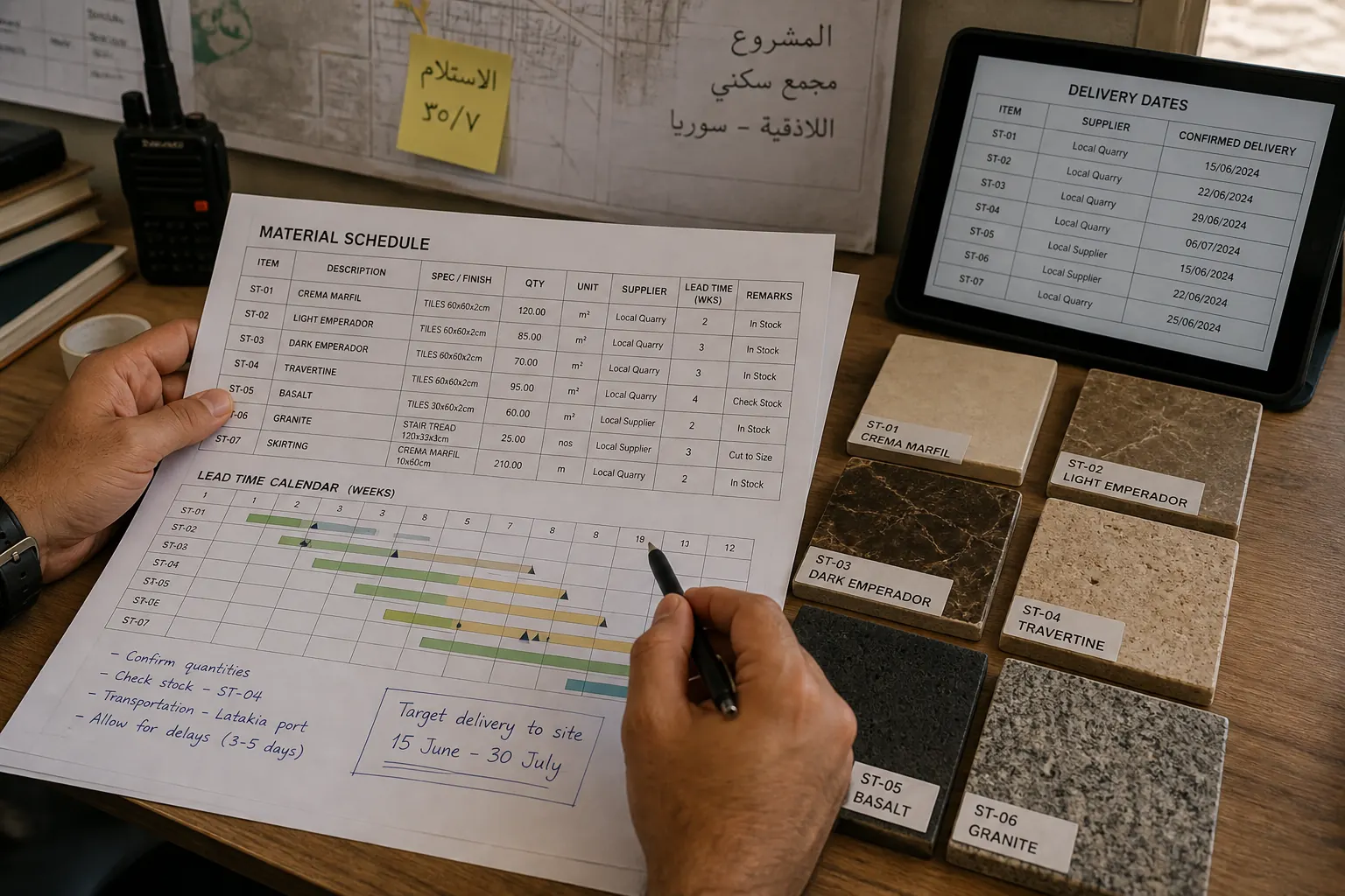 Material schedule and lead-time calendar for construction material procurement Syria on a site office desk