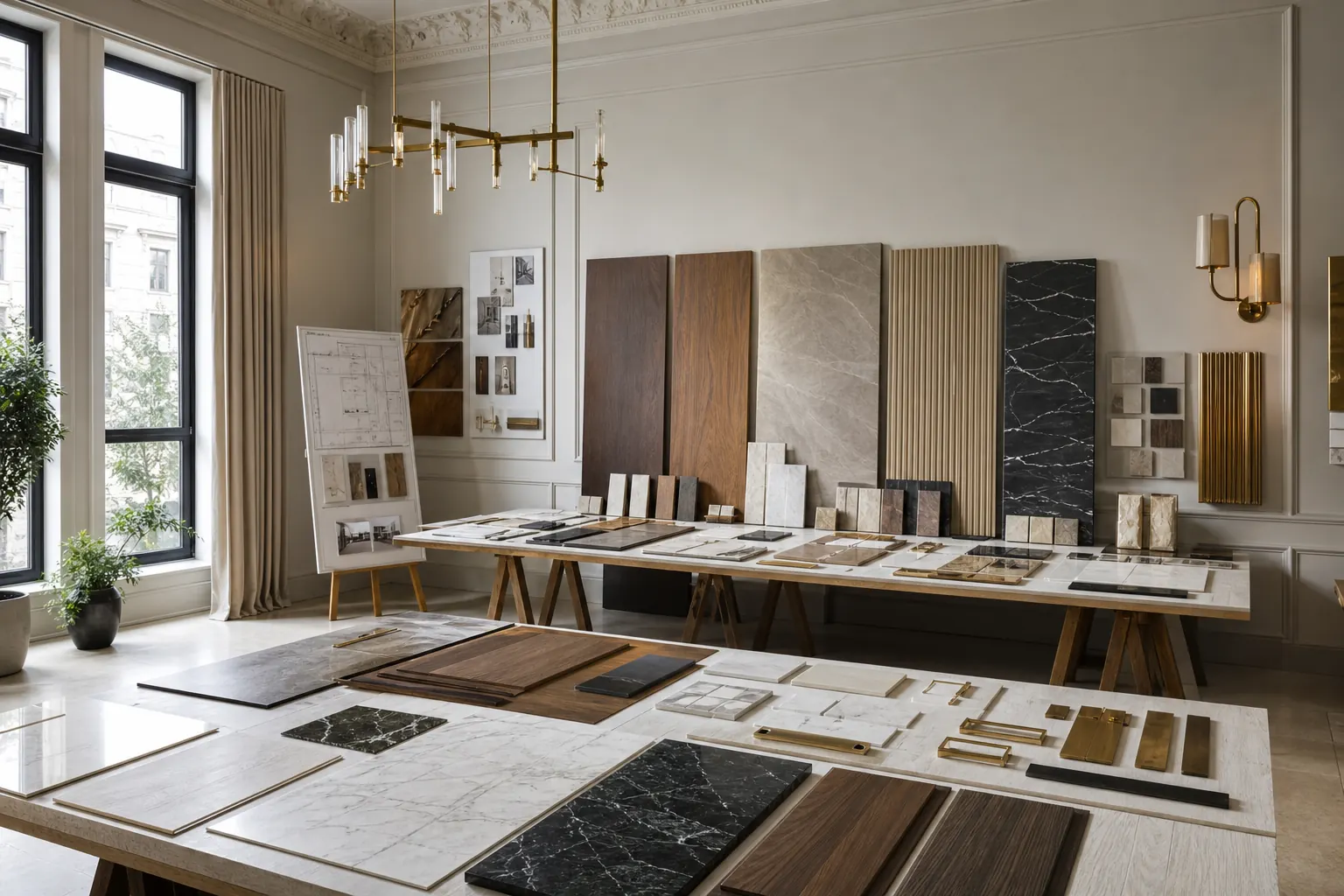 Approved marble and joinery samples laid out before bulk construction material procurement Syria