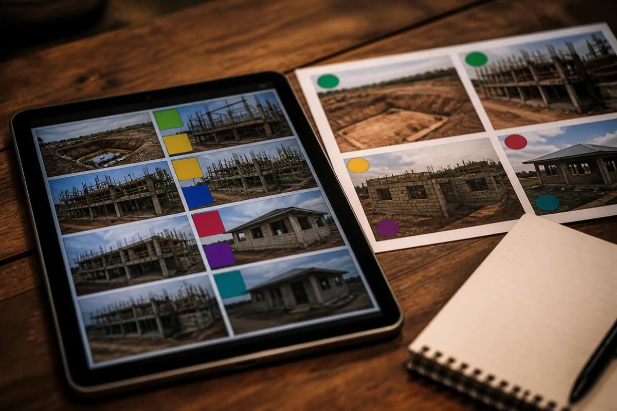 Labelled construction photo pack on tablet for diaspora construction milestone reports from abroad