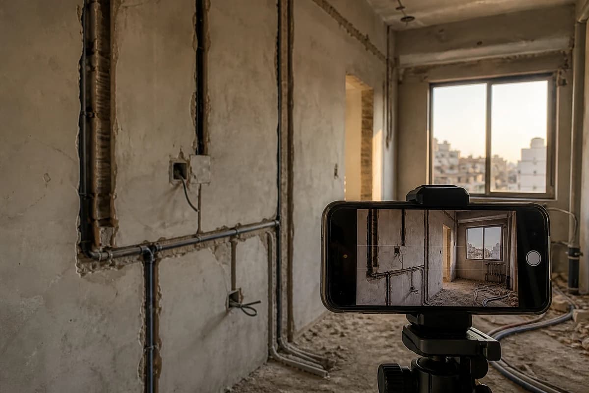Interior video walkthrough of MEP first-fix during property renovation for remote owners in Syria