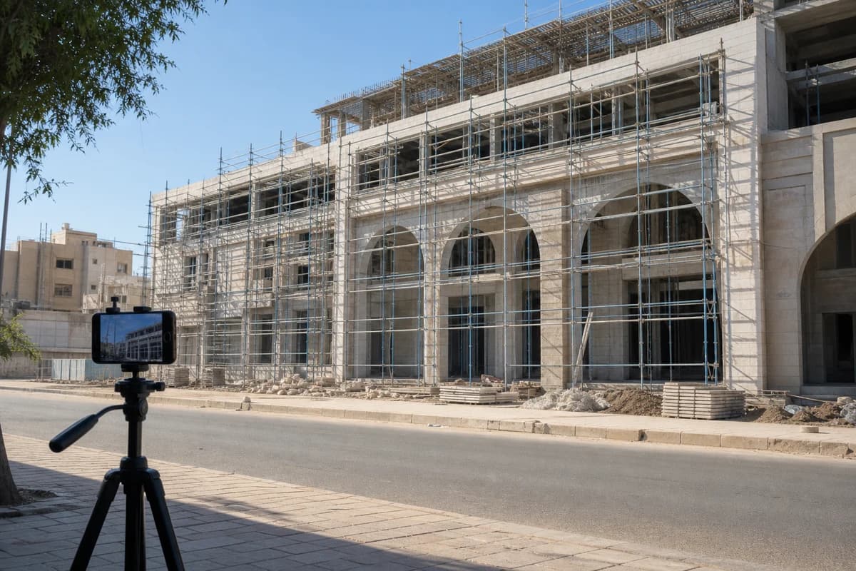 Smartphone on tripod filming a Damascus construction facade for construction photo video reports Syria