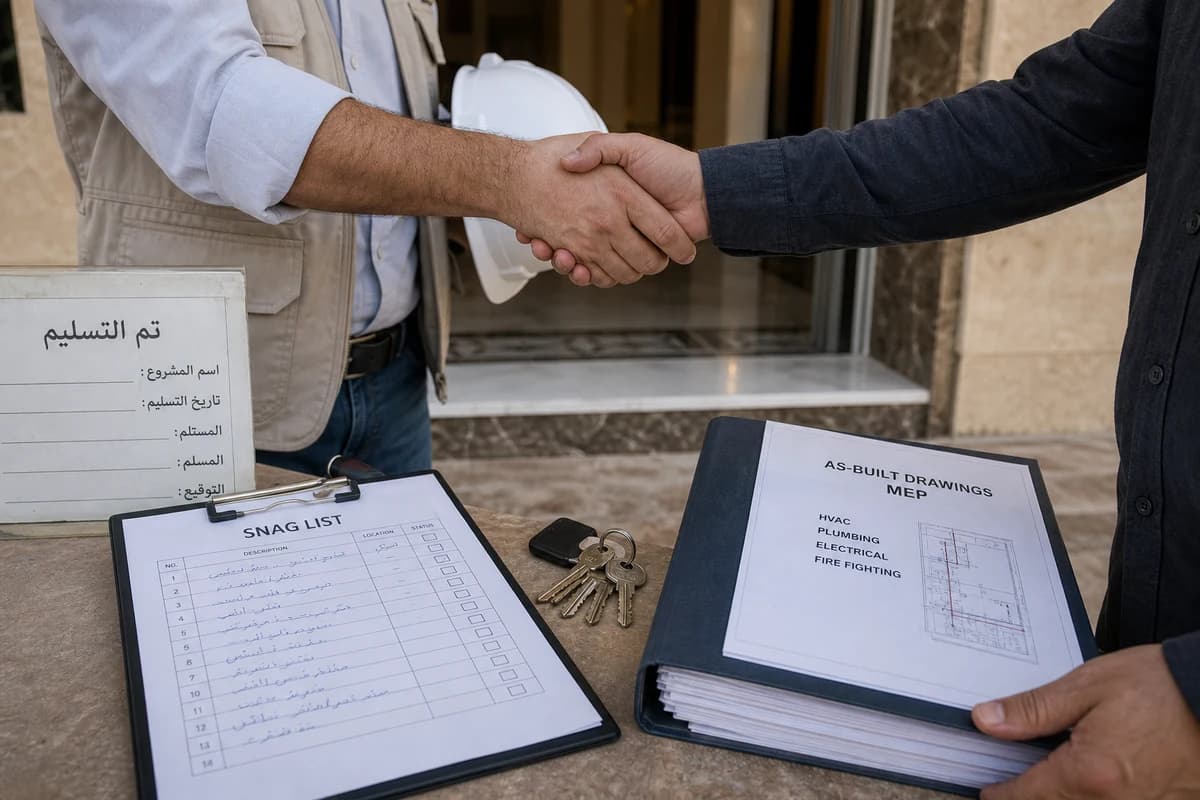 Project handover documentation and snag list at completion of a construction programme in Syria