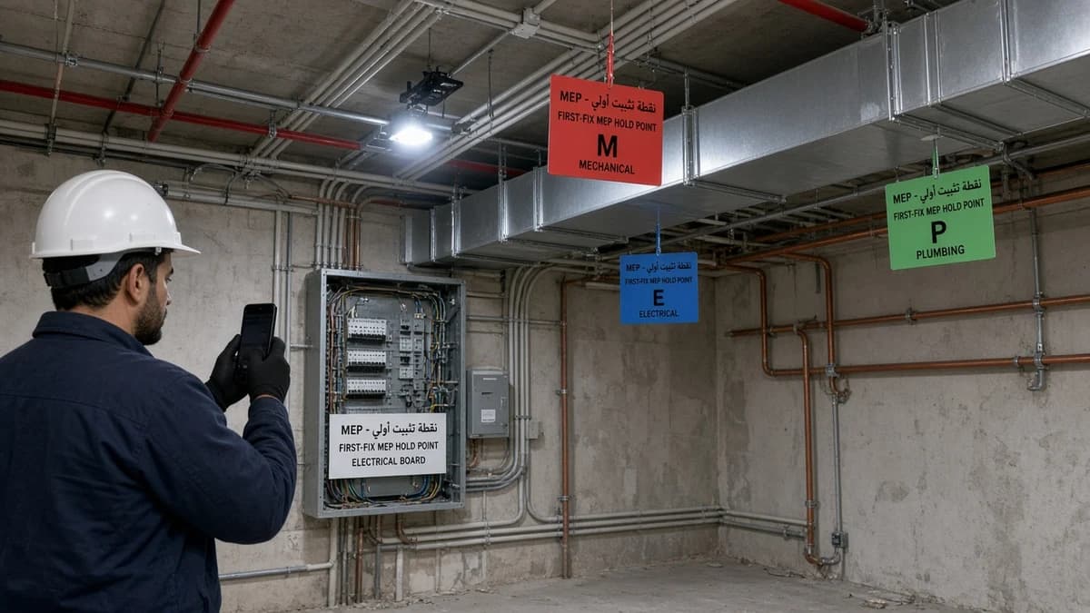 Open-ceiling first-fix MEP with labelled boards photographed before a construction stage gates Damascus ceiling close