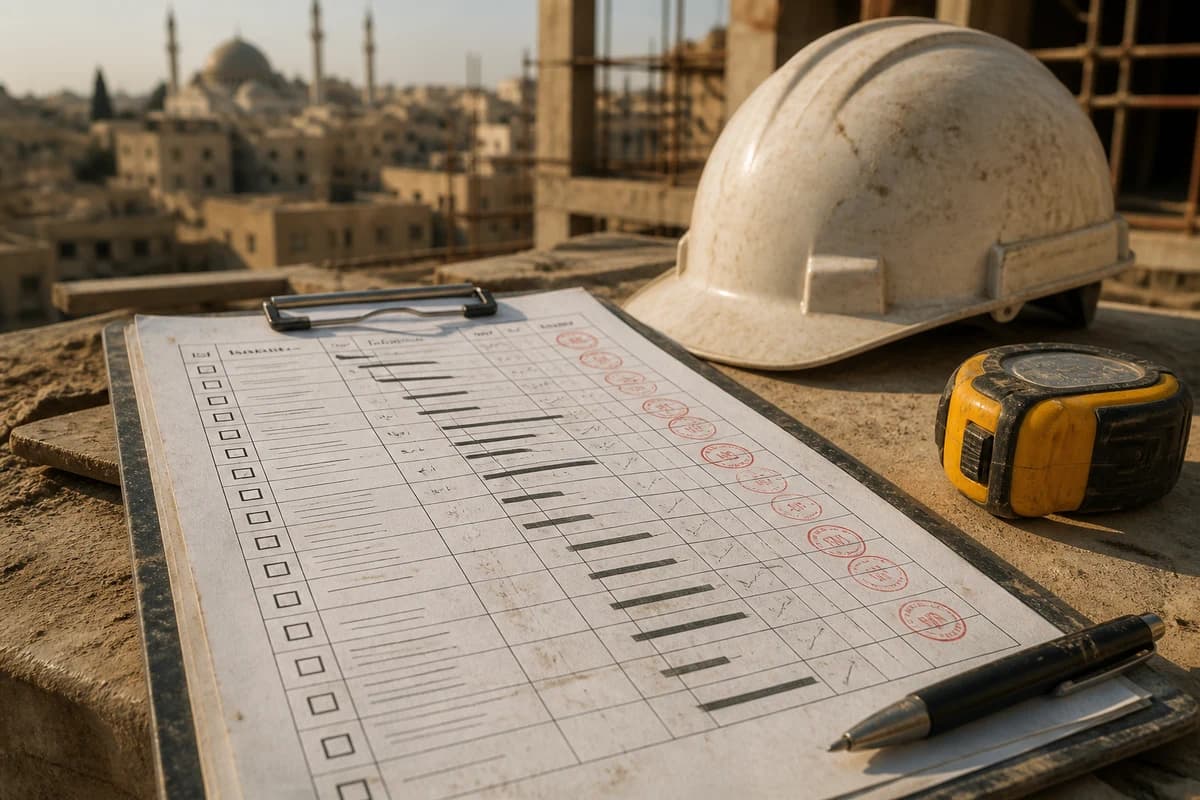 Stage hold-point checklist used for construction timeline Damascus programme control