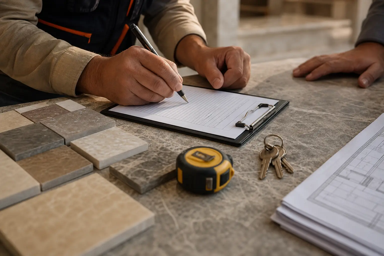 Project handover checklist and material samples for a managed construction project in Syria