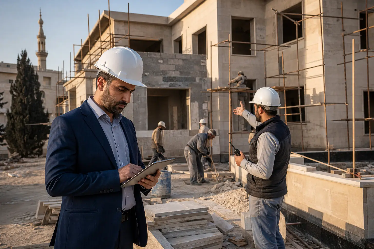 Contractor and project manager roles separated on a supervised villa construction site in Syria