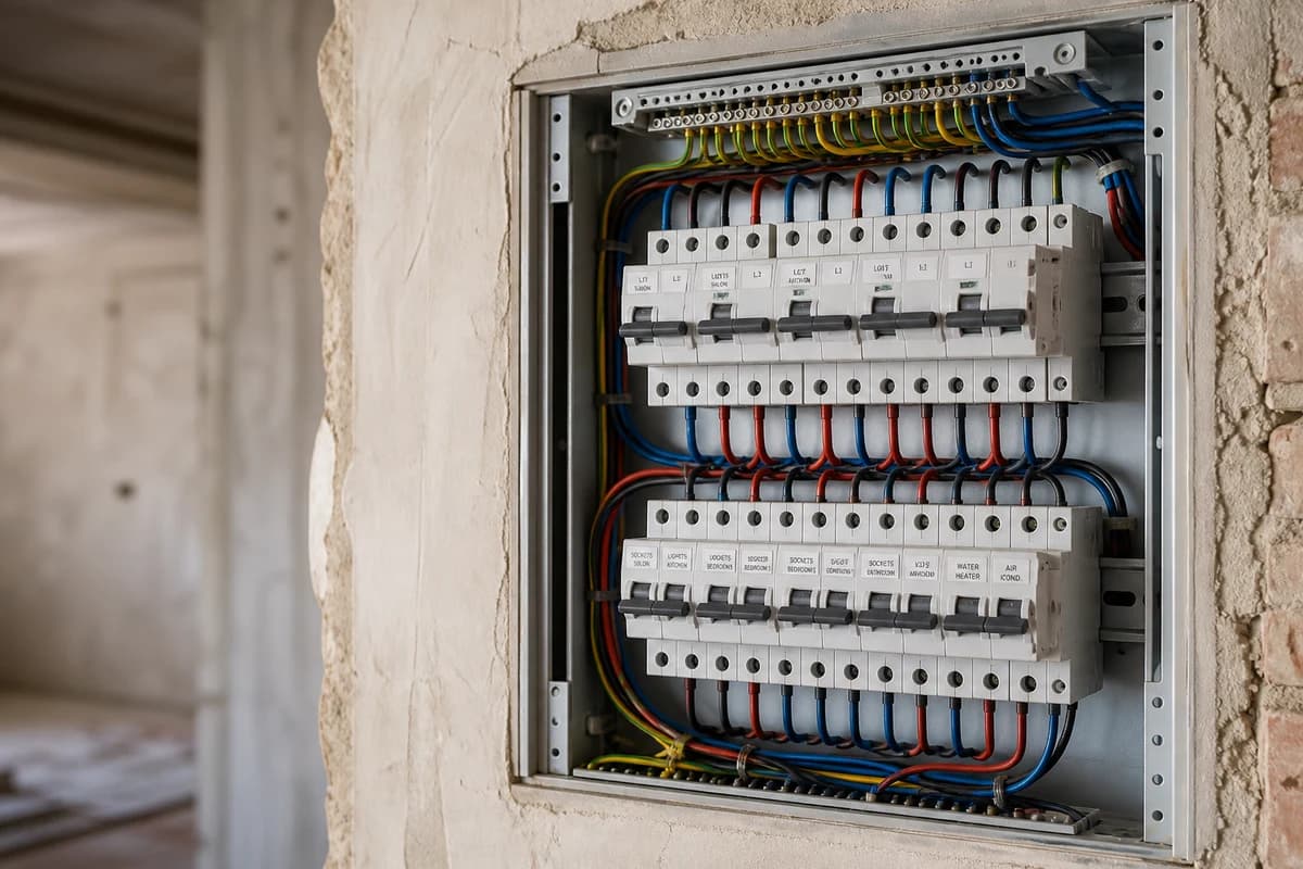 Labeled residential electrical board during electrical plumbing upgrade Damascus works