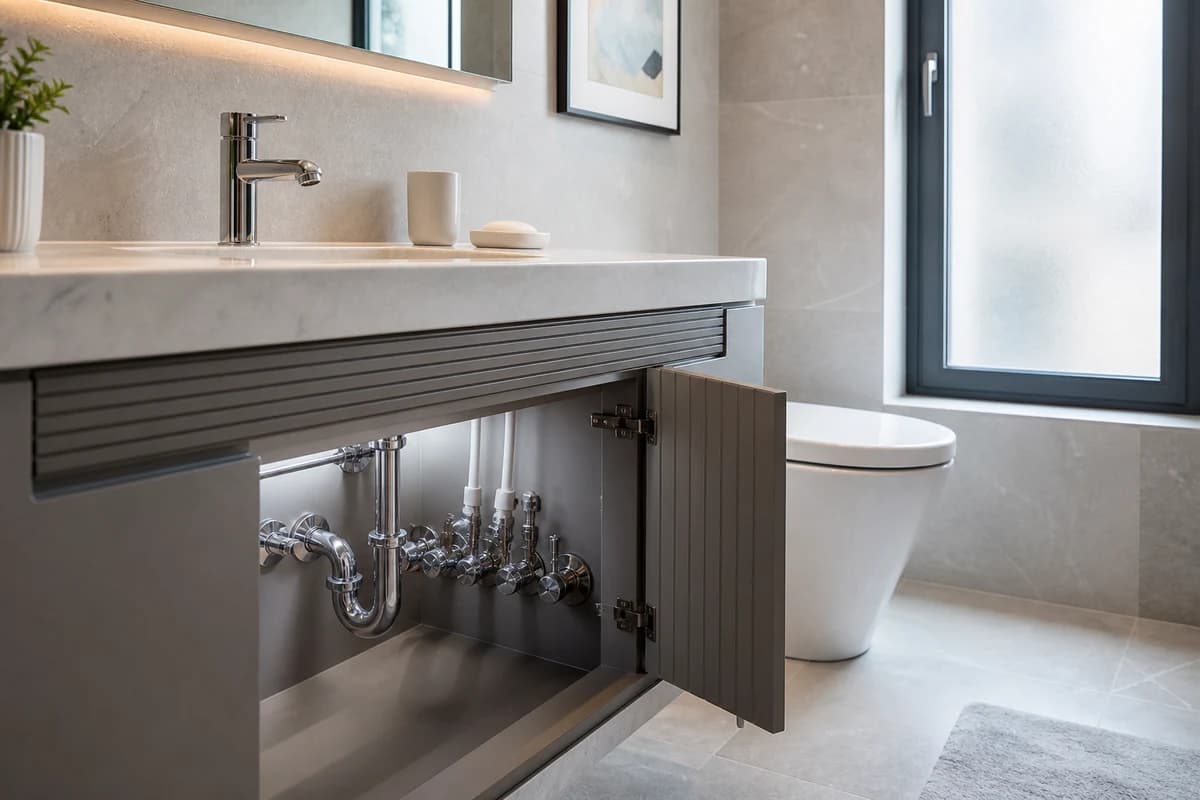 Damascus bathroom vanity with tidy new plumbing after apartment finishing