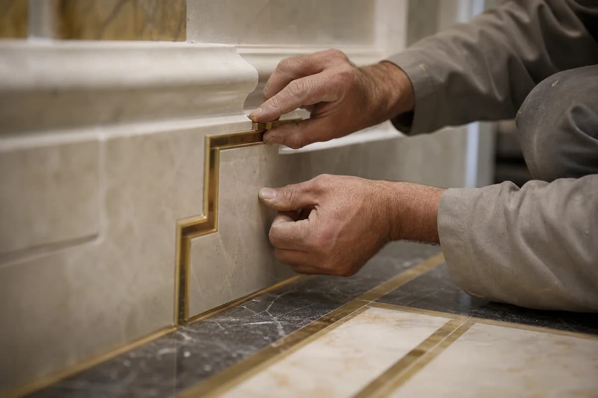 Craftsman installing marble skirting during a Damascus home renovation