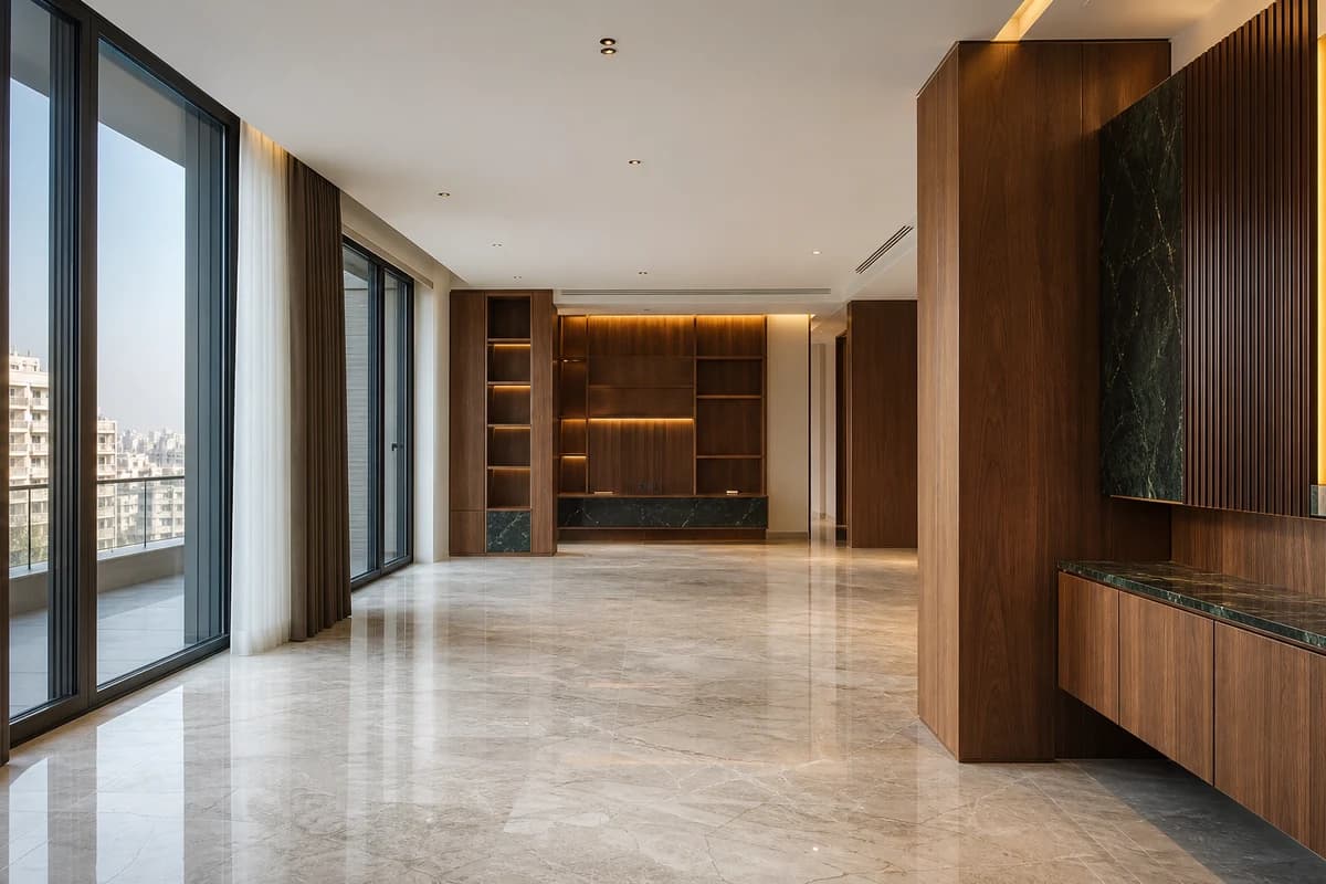 Finished luxury apartment interior in Damascus with marble flooring and bespoke joinery
