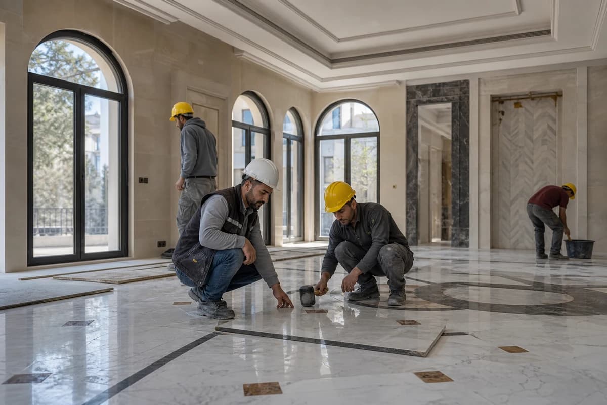 Supervised home renovation site in Damascus with marble installation underway
