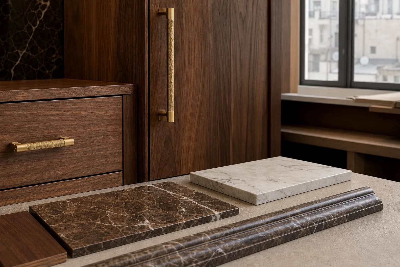 luxury apartment finishes Syria joinery detail with coordinated marble thresholds and premium hardware