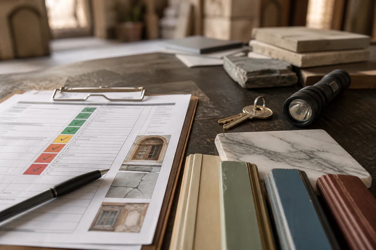 Inspection checklist and finish samples used for maintenance vs renovation Syria decisions