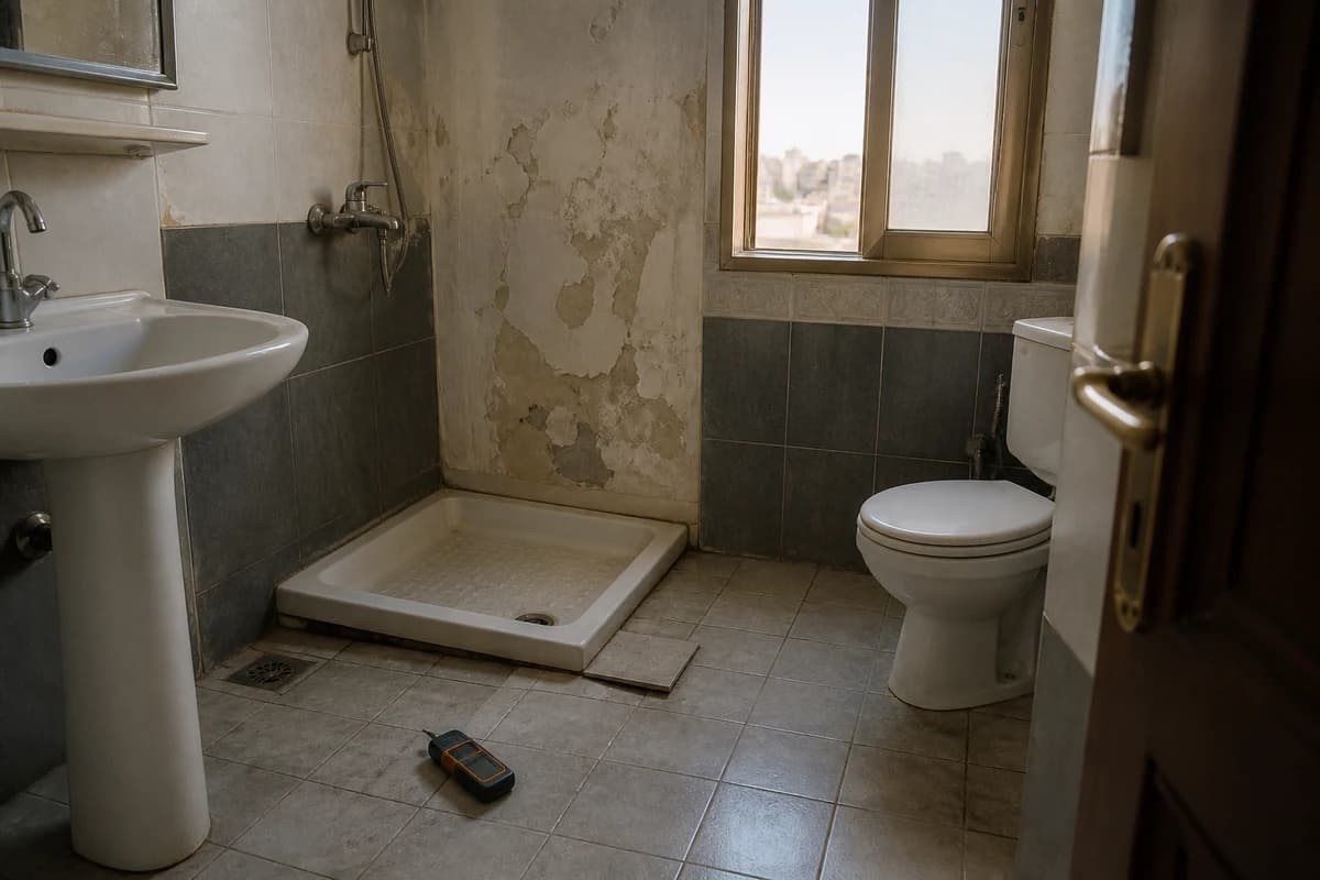 Wet-room property inspection in Syria assessing moisture before maintenance vs renovation decision