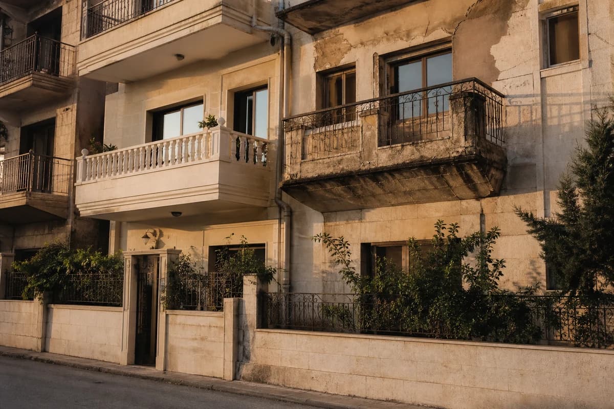 Damascus residential facade showing maintained balcony details versus stained areas needing renovation