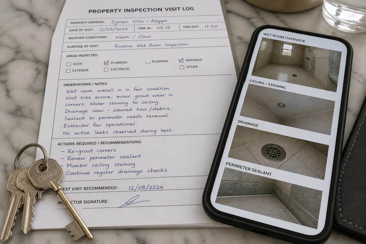 Property inspection visit log, keys, and labelled maintenance photos for manage property in Syria from abroad