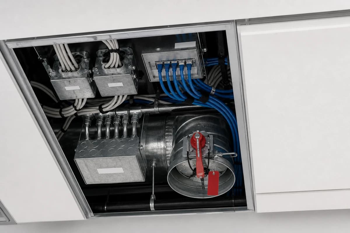 Open ceiling access panel showing labelled electrical and HVAC hold points in an office fit-out