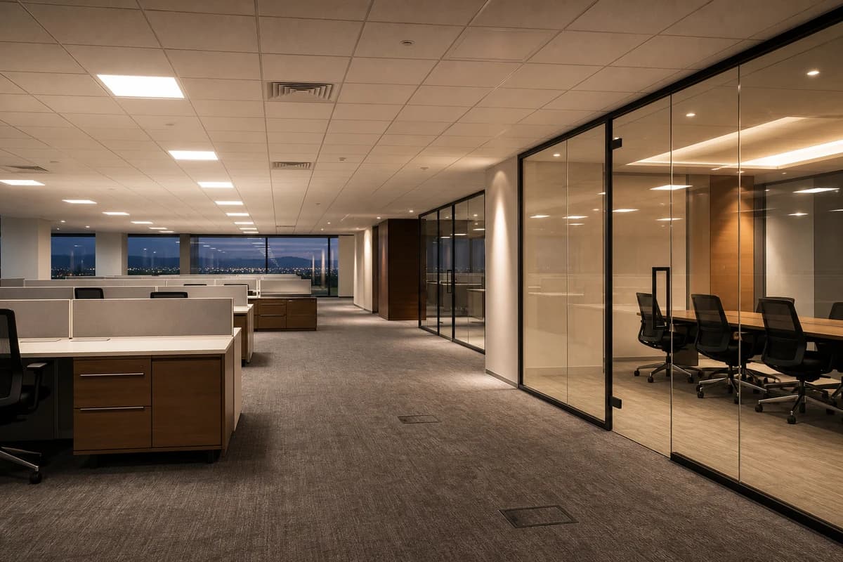 Finished Damascus office interiors with flush ceiling panels, floor boxes, and glass meeting rooms after MEP coordination