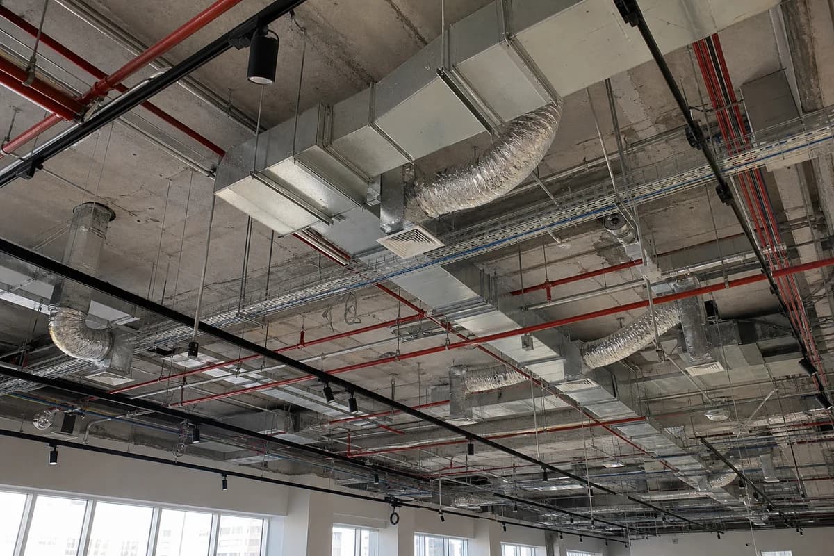 Open office ceiling showing coordinated HVAC ducts, cable trays, and lighting tracks during MEP coordination office fit-out
