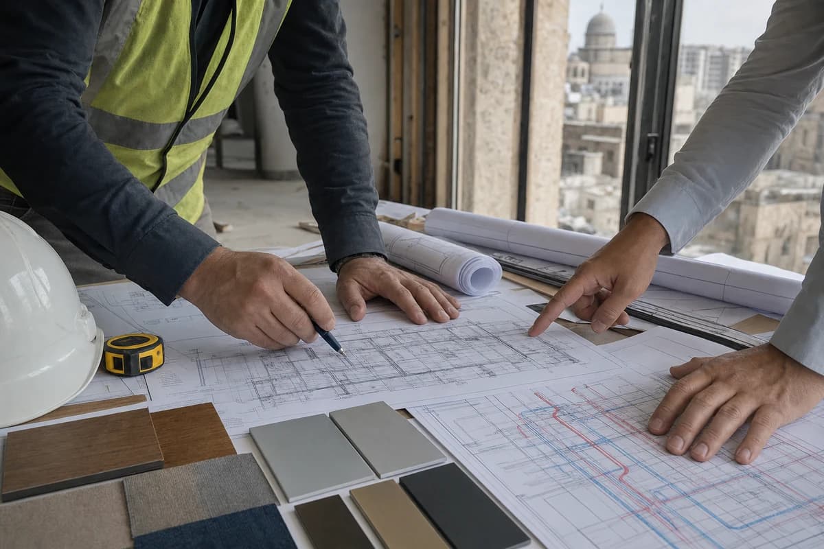 Commercial contractor reviewing MEP plans and material samples during office fit-out in Damascus