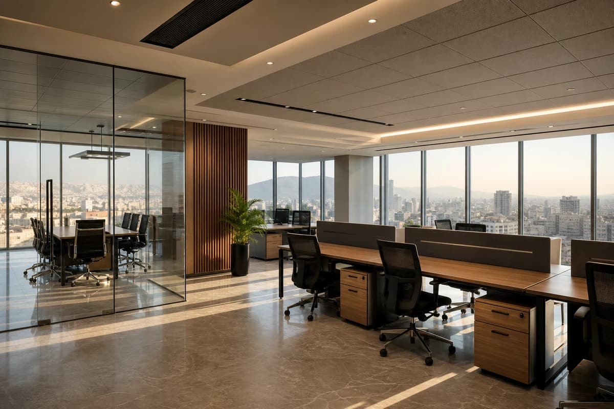 Completed executive office interiors in Damascus with workstations and glass meeting rooms