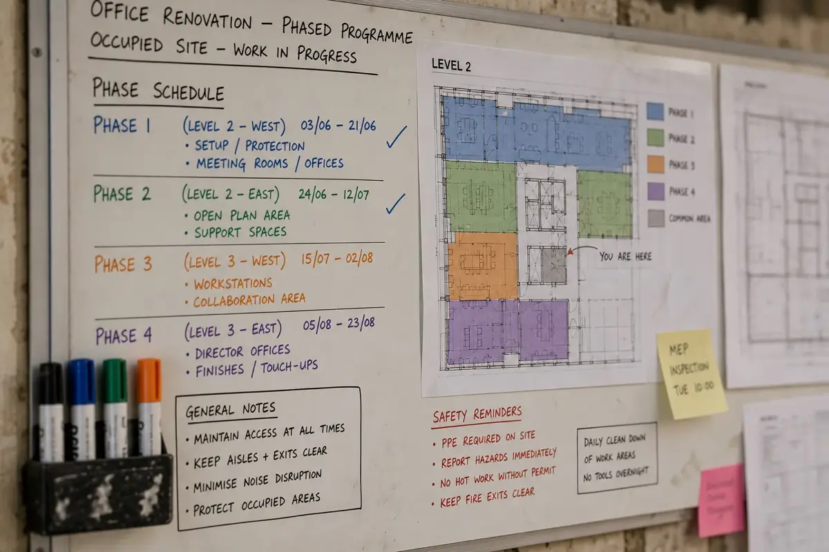 Phased office renovation Syria programme board with colour-coded floor zones and schedule