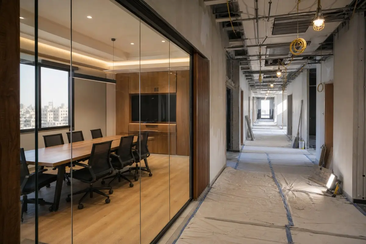 Completed meeting room beside corridor still under phased office renovation Syria works
