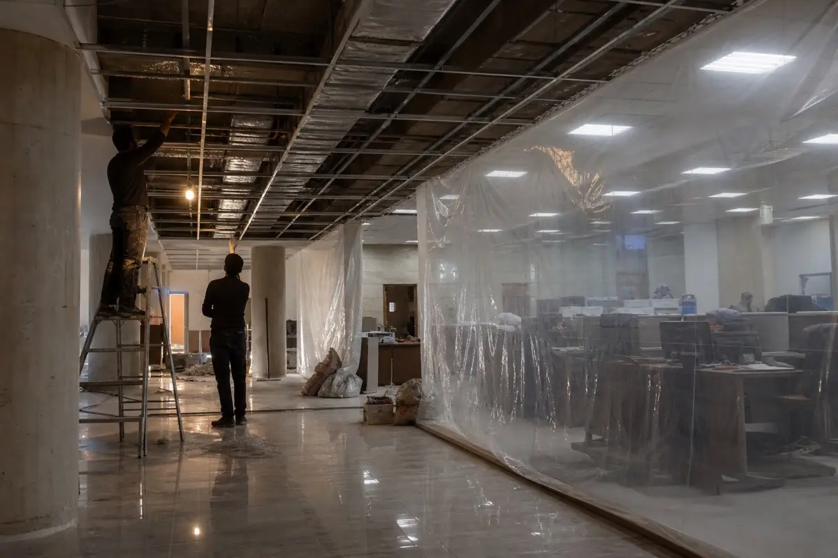 Phased office renovation Syria site with barriers separating construction from occupied workstations