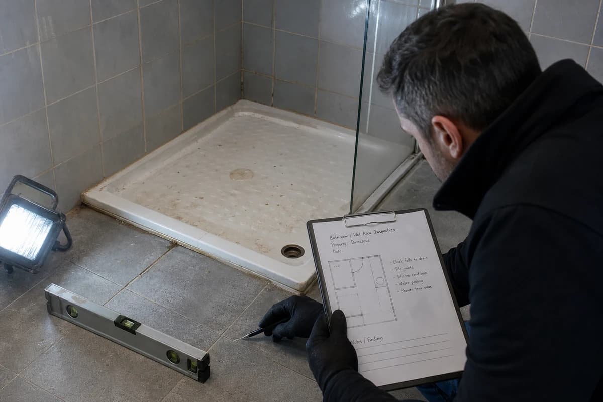 Wet-room floor and tile inspection during a Damascus property inspection before renovation