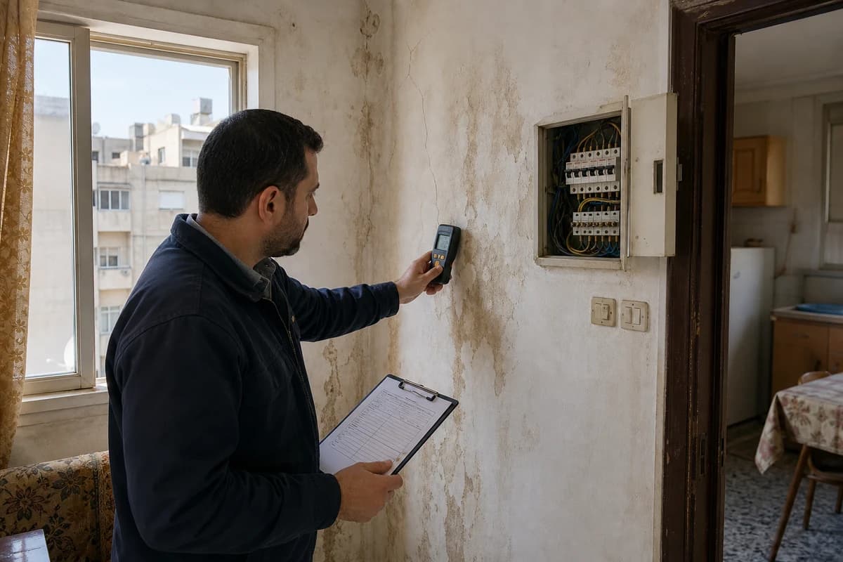 Engineer performing a property inspection Damascus survey with moisture meter and clipboard