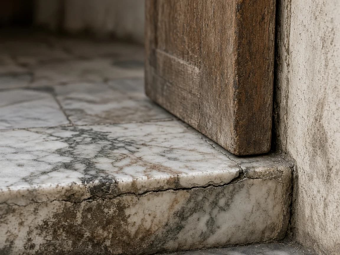 Close-up of aged marble threshold and door jamb inspected for moisture before preventive maintenance planning