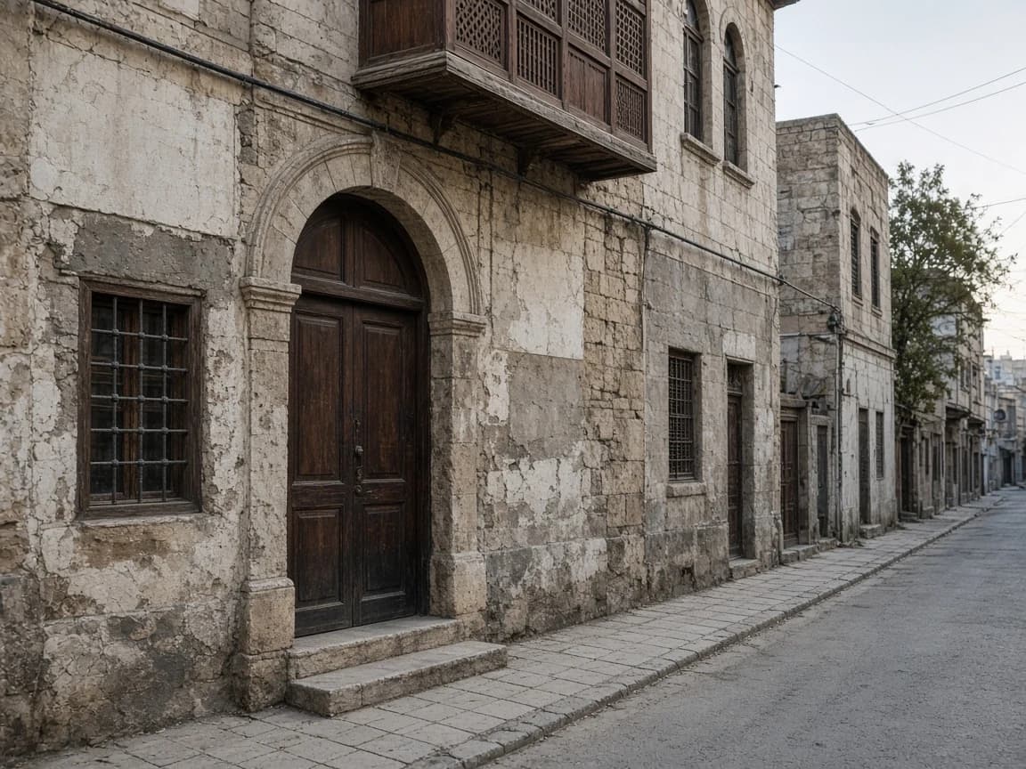 Older Damascus courtyard entrance surveyed during a property inspection for property redevelopment Damascus evaluation
