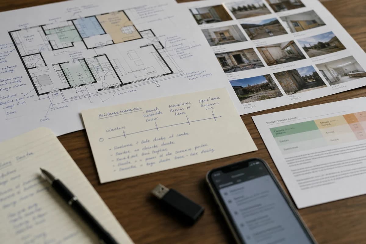 Remote construction quote Syria briefing documents with floor plan, photo index, and milestone notes