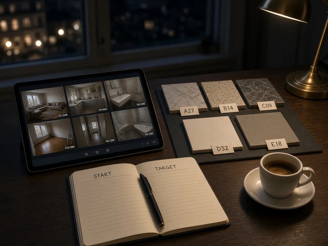 Coded finish samples and a tablet of site photos used to approve a Damascus apartment renovation from Germany