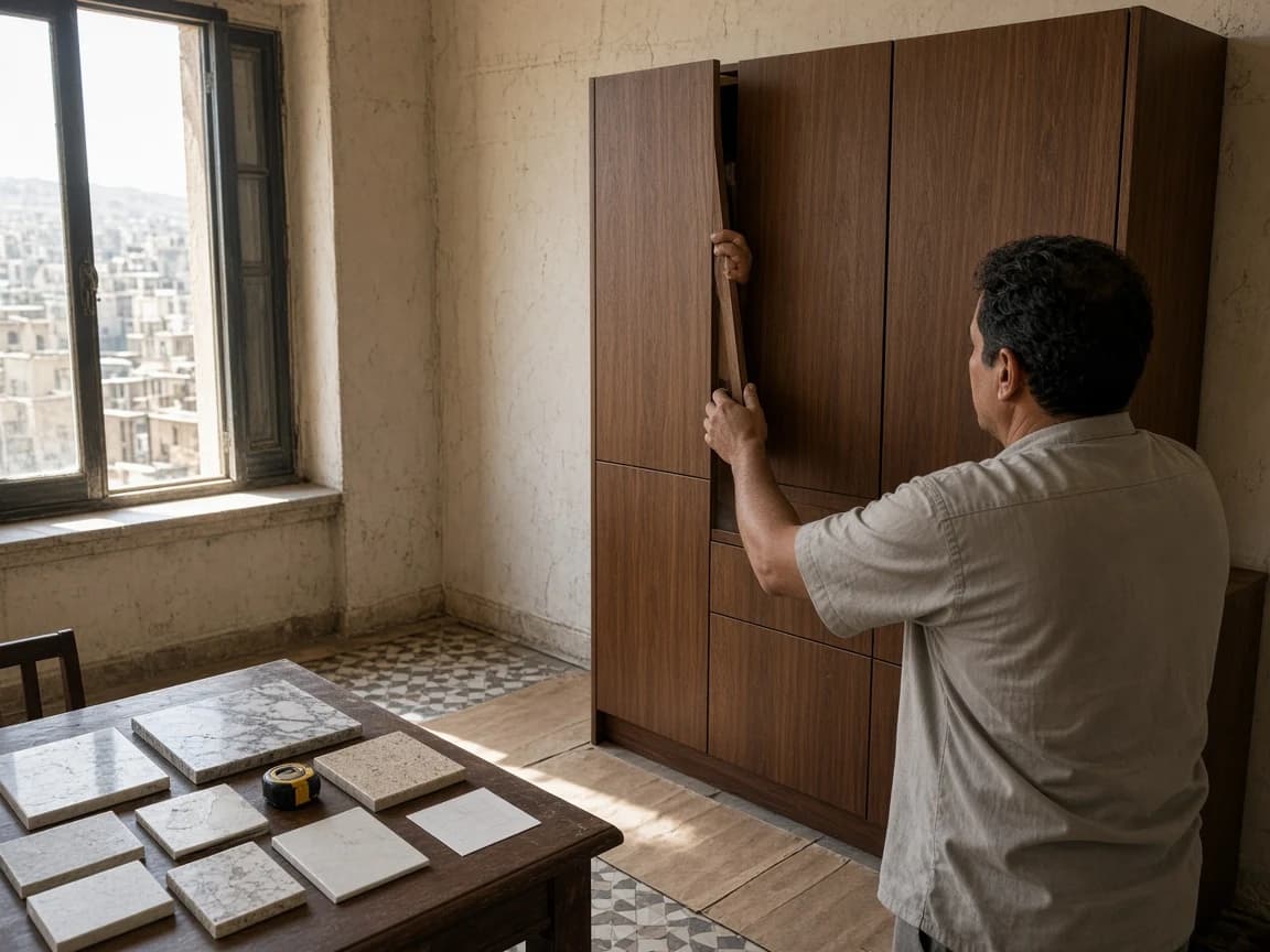 Walnut kitchen joinery being aligned in a Damascus family apartment during property renovation