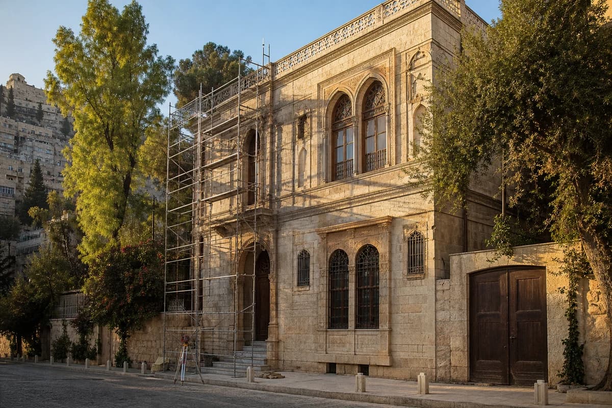 واجهة فيلا سورية تقليدية تُعاين قبل أعمال بناء وتجديد يقودها مغتربون