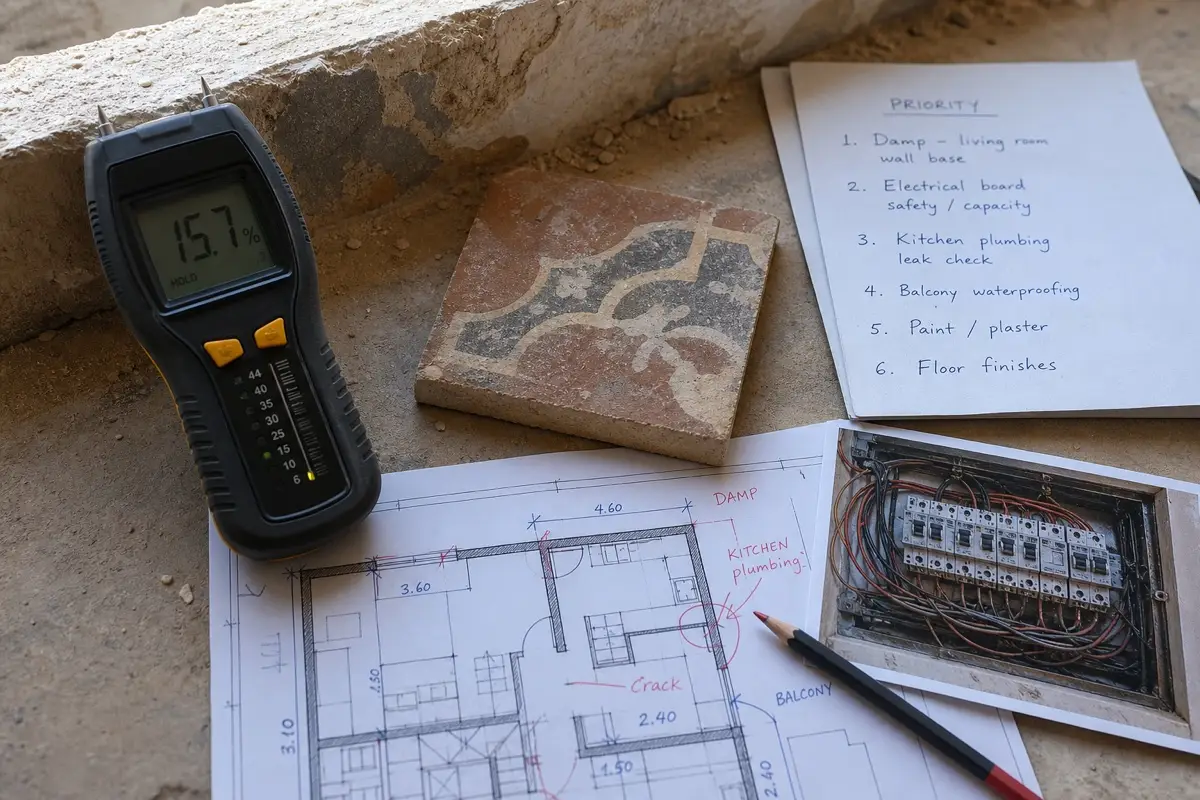 Moisture reading and renovation priority checklist for apartment renovation Damascus in an older flat